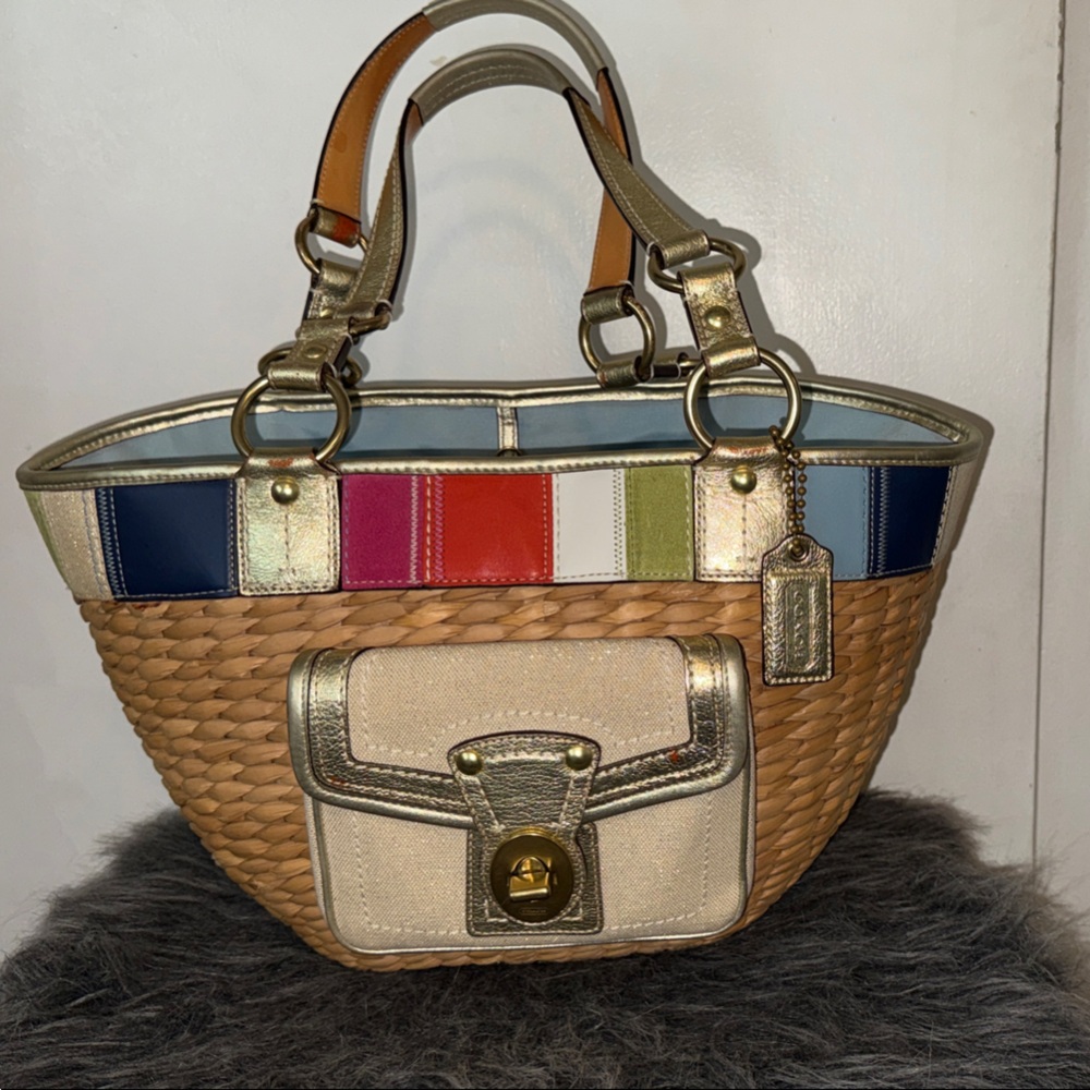 Coach Multicolor Woven Hobo Bag with Gold Accents